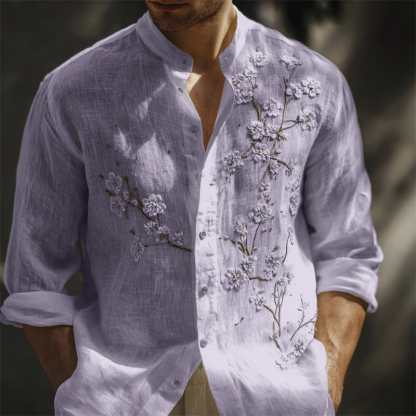 Men's Classy White Almond Blossom Embroidered Linen Shirt - White