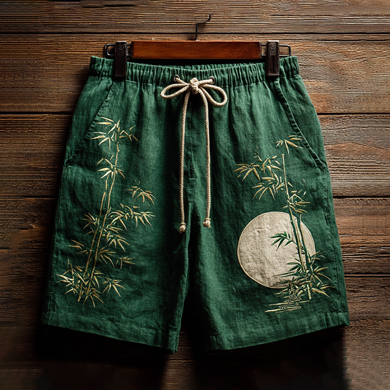 Japanese Bamboo Art Print Linen Blend Casual Shorts - Green