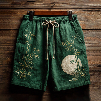 Japanese Bamboo Art Print Linen Blend Casual Shorts - Green
