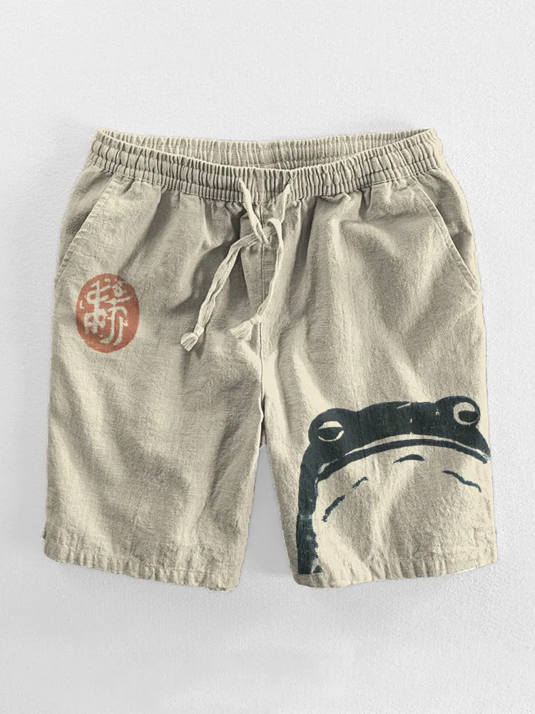 Japanese Art Frog Print Casual Cozy Cotton Linen Shorts - Army Green