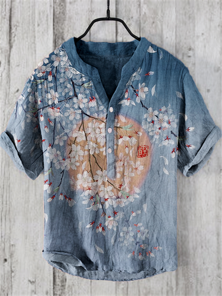 Cherry Blossom Full Moon Japanese Art Linen Blend Shirt - Pink