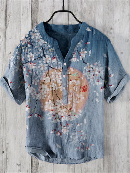 Cherry Blossom Full Moon Japanese Art Linen Blend Shirt - Pink