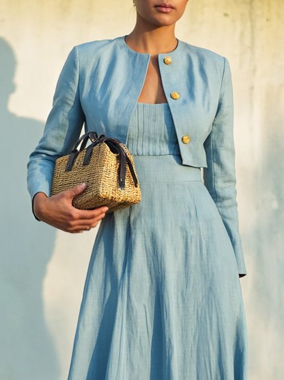 Midi Cotton Dress Set, Long Sleeves, Round Neck, Plain, Button Design, French Vintage, Blue - Blue