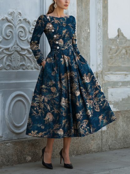 Midi Linen Dress, Long Sleeves, V Neck, Floral, Button Design, Vintage, Deep Blue - Deep Blue