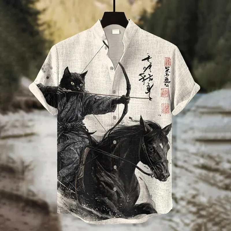 Men's Retro Calligraphy War-horse Black Cat Showa Archer Print Short Sleeve Shirt - White