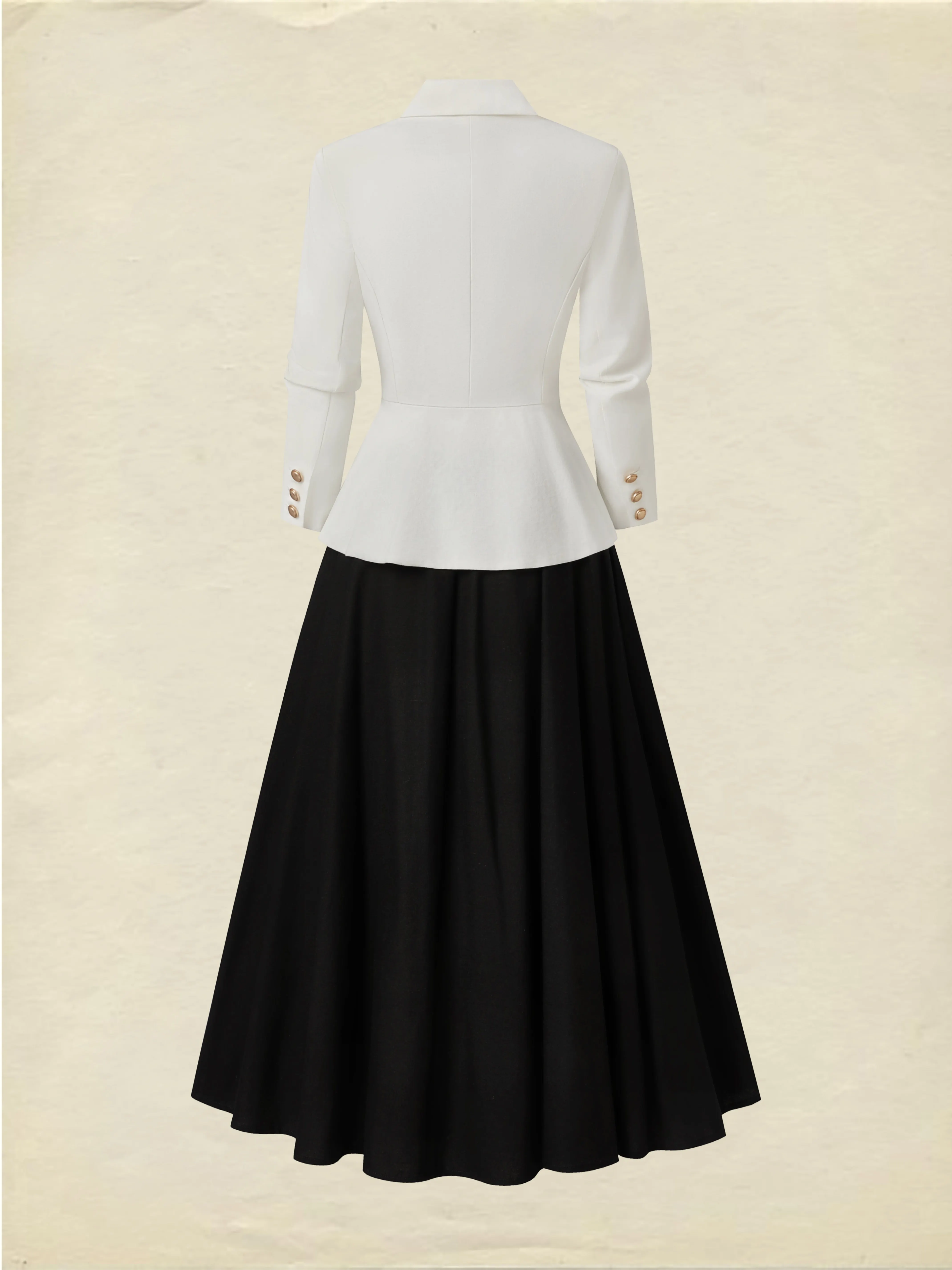 Midi Linen Skirt Set, Long Sleeves, Lapel Collar, Plain, Button Design, Vintage, White - White
