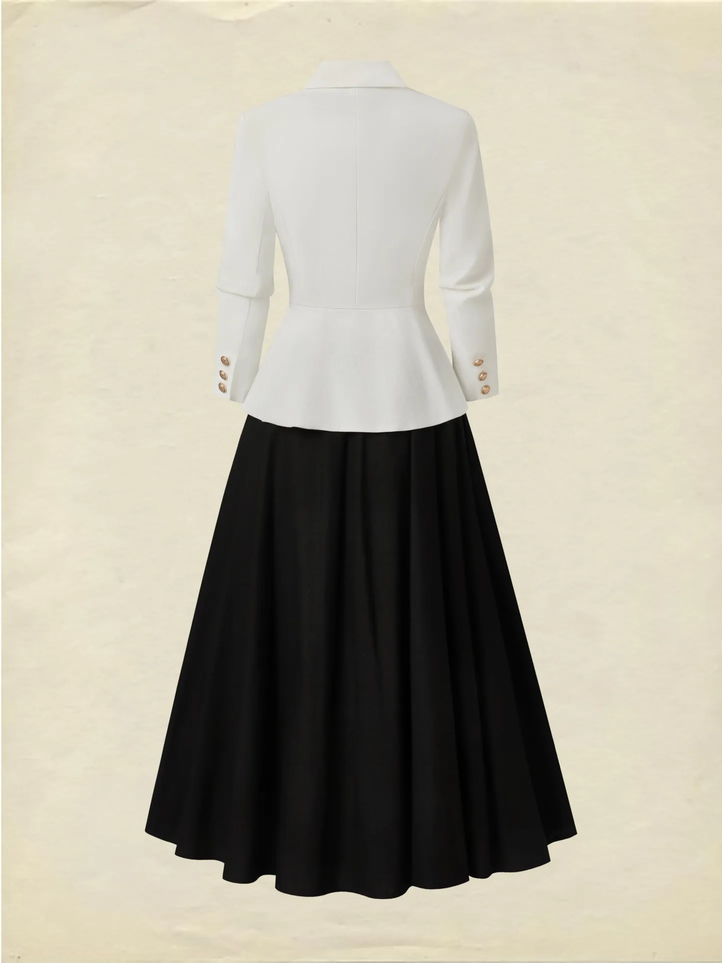 Midi Linen Skirt Set, Long Sleeves, Lapel Collar, Plain, Button Design, Vintage, White - White