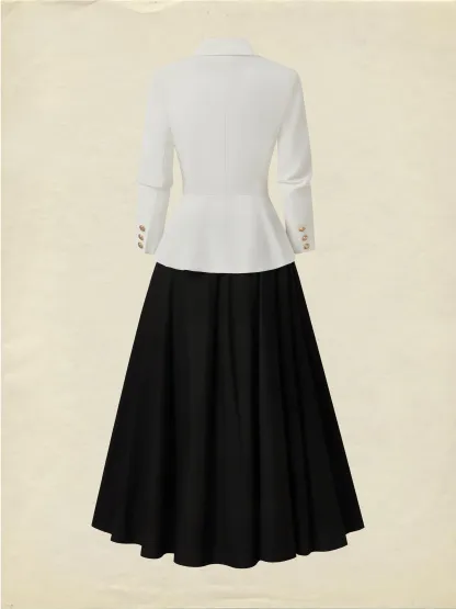 Midi Linen Skirt Set, Long Sleeves, Lapel Collar, Plain, Button Design, Vintage, White - White