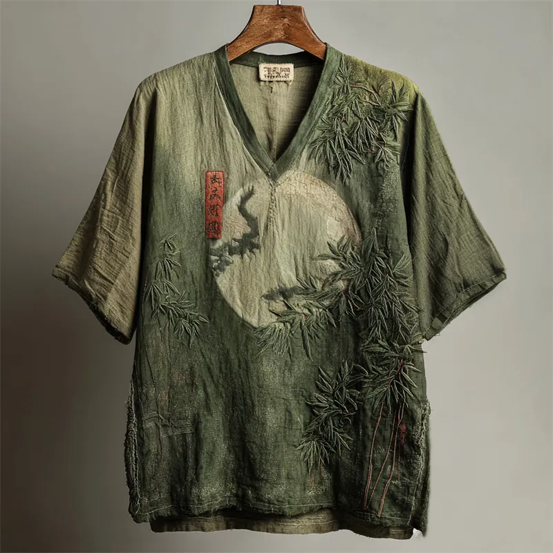 Japanese Bamboo Forest Full Moon Embroidered Gradient Linen Shirt - Green