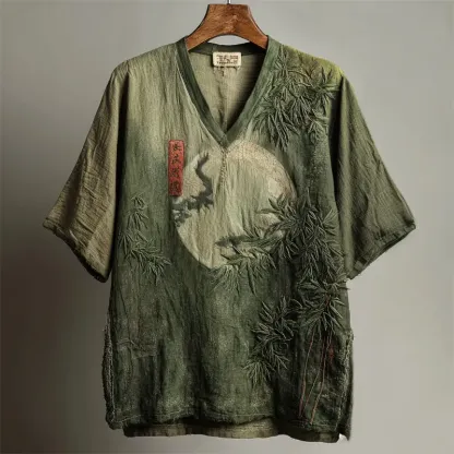 Japanese Bamboo Forest Full Moon Embroidered Gradient Linen Shirt - Green