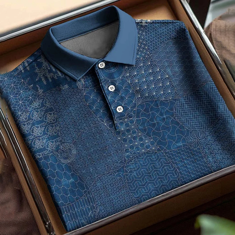 Men's Vintage Traditional Japanese Sashiko Art Polo Shirt - Navy blue