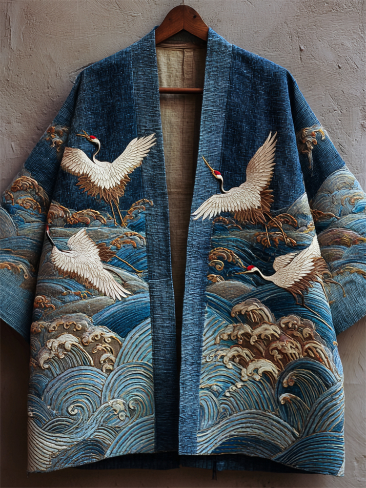 Japanese Cranes & Sea Waves Embroidered Linen Kimono Cardigan - Blue