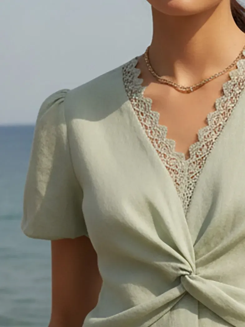 Cotton Shirt, Short Sleeves, V Neck, Plain, Lace, Vacation, Vintage, Green - Green