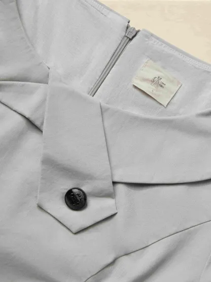 Midi Cotton Dress, Half Sleeve, Round Neck, Plain, Button Design, French Vintage, Gray - Gray