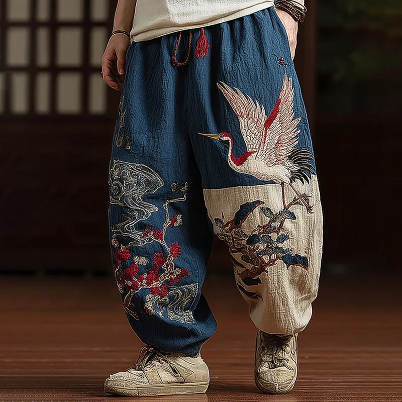 Men's Japanese Red-crowned Crane Art Contrast Wide Leg Linen Pants - Navy blue