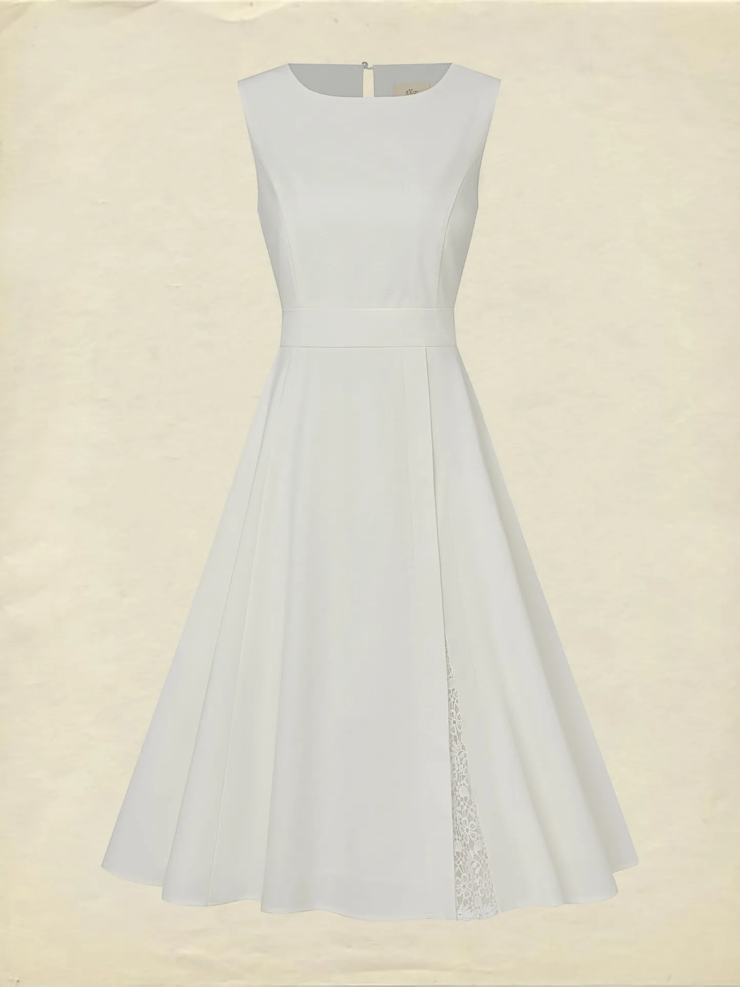 Midi Linen Dress , Sleeveless, Round Neck, Plain, Lace, French Vintage, White - White