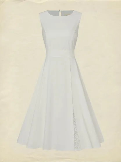 Midi Linen Dress , Sleeveless, Round Neck, Plain, Lace, French Vintage, White - White
