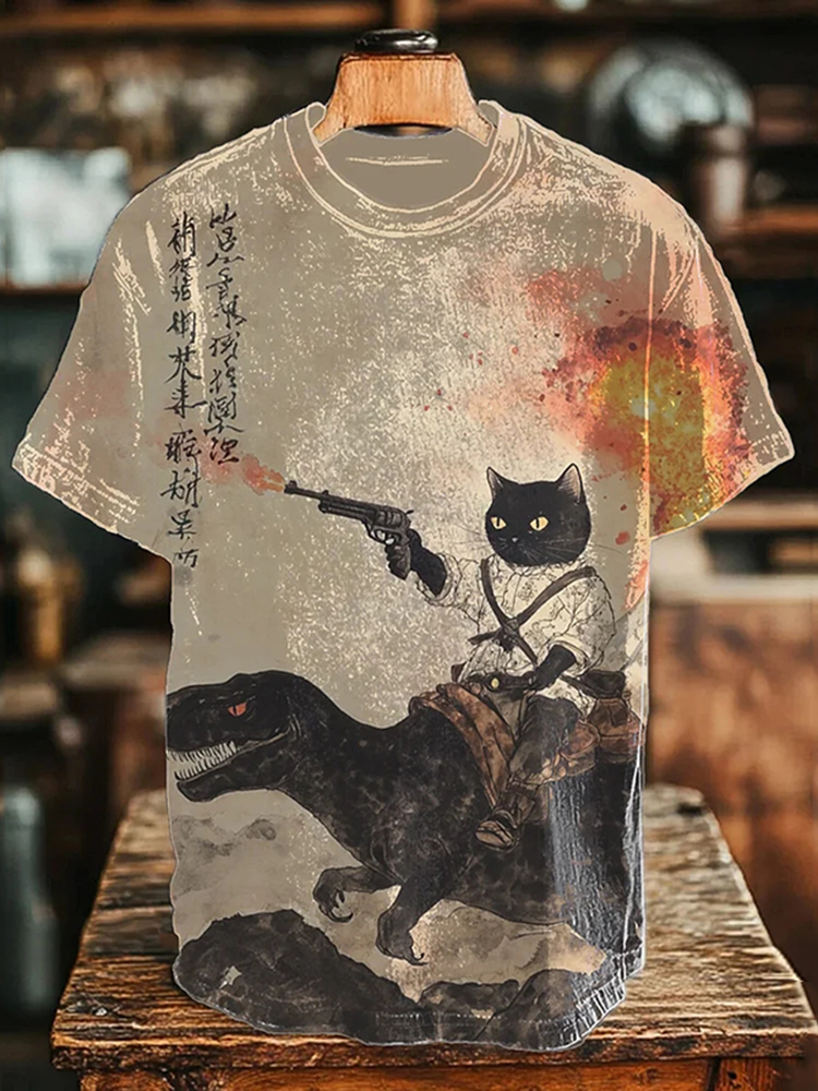 Men's Retro Calligraphy Cat Dinosaur Volcanic Eruption Print T-shirt - Beige
