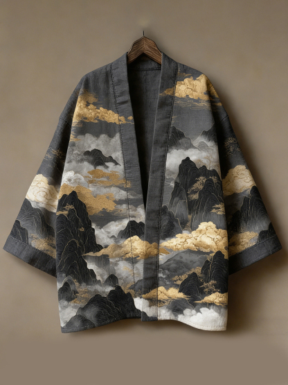 Men's Retro Japanese Landscape Print Linen Kimono Cardigan - Grey