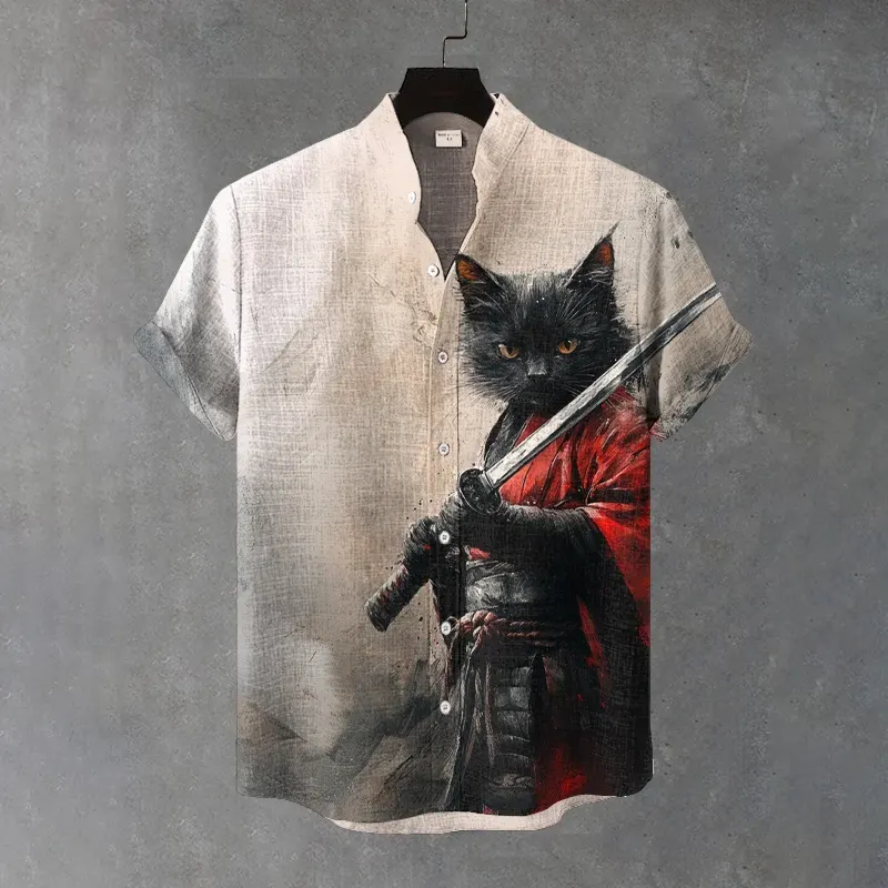Men's Black Cat Samurai Ink Art Linen Blend Cozy Shirt - Beige