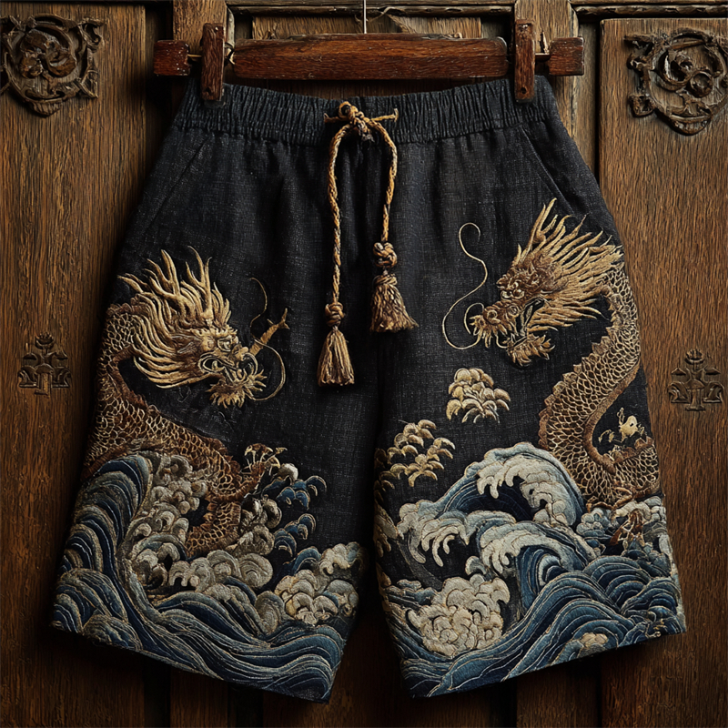 Japanese Golden Dragons & Sea Waves Embroidered Linen Shorts - Black