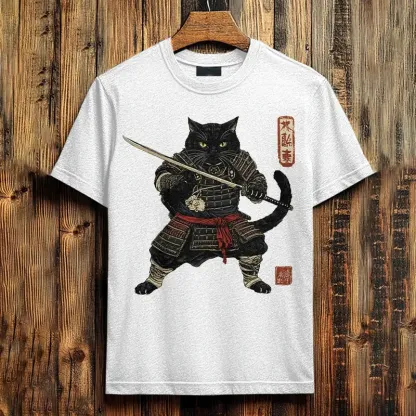 Men's Brave Cat Warrior Japanese Art Print Cotton Casual T-shirt - White