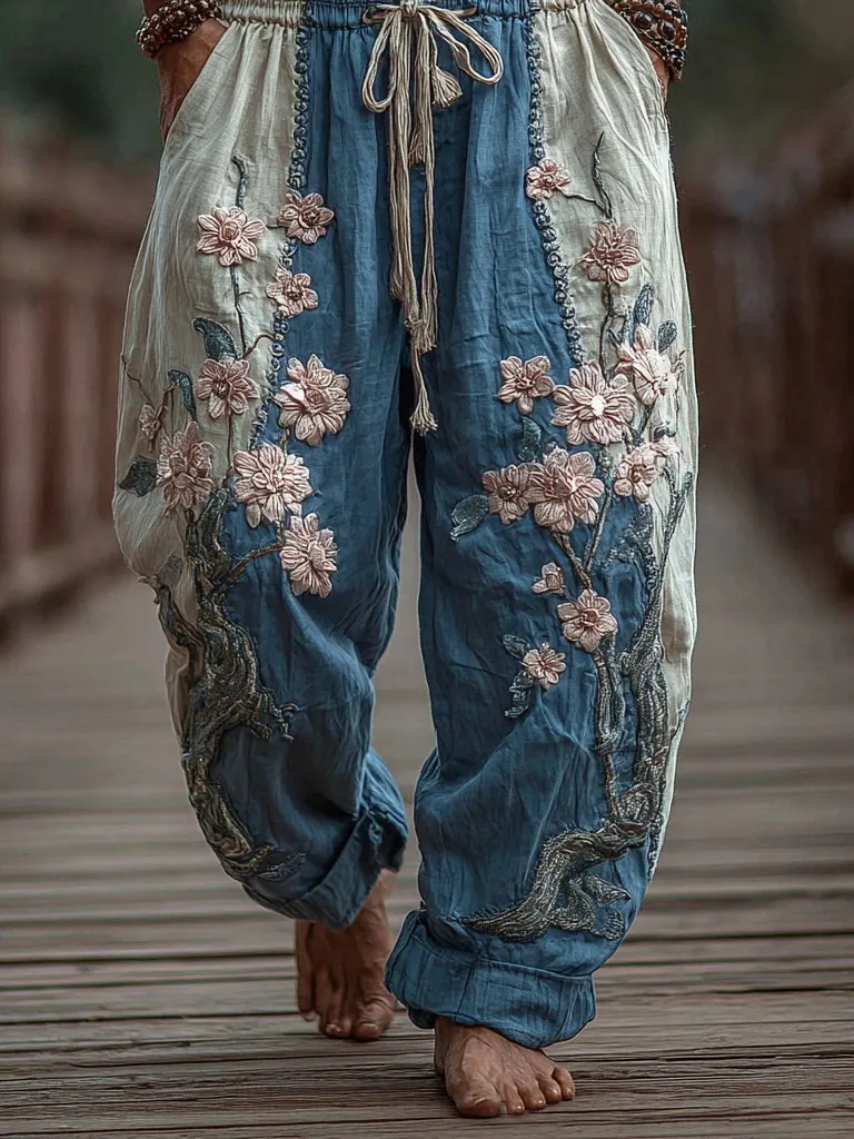 Men's Japanese Cherry Blossoms Embroidered Art Wide Leg Linen Pants - Blue
