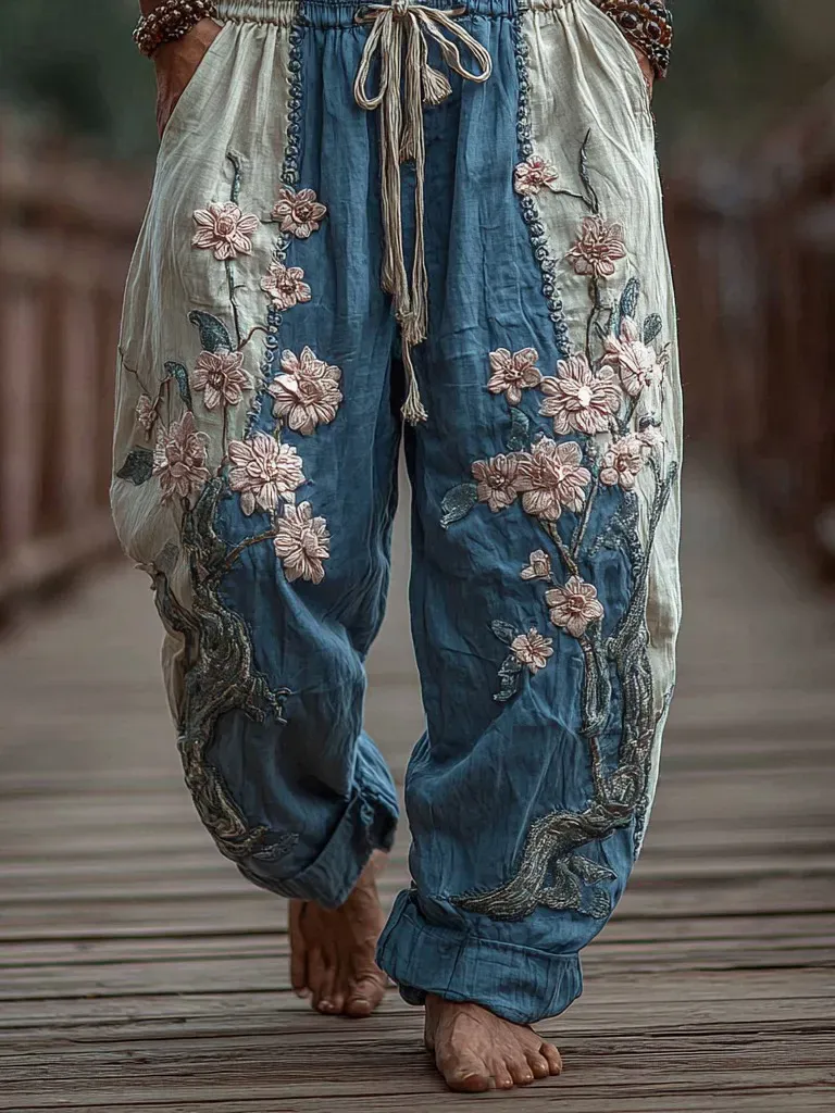 Men's Japanese Cherry Blossoms Embroidered Art Wide Leg Linen Pants - Blue