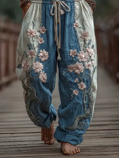 Men's Japanese Cherry Blossoms Embroidered Art Wide Leg Linen Pants - Blue