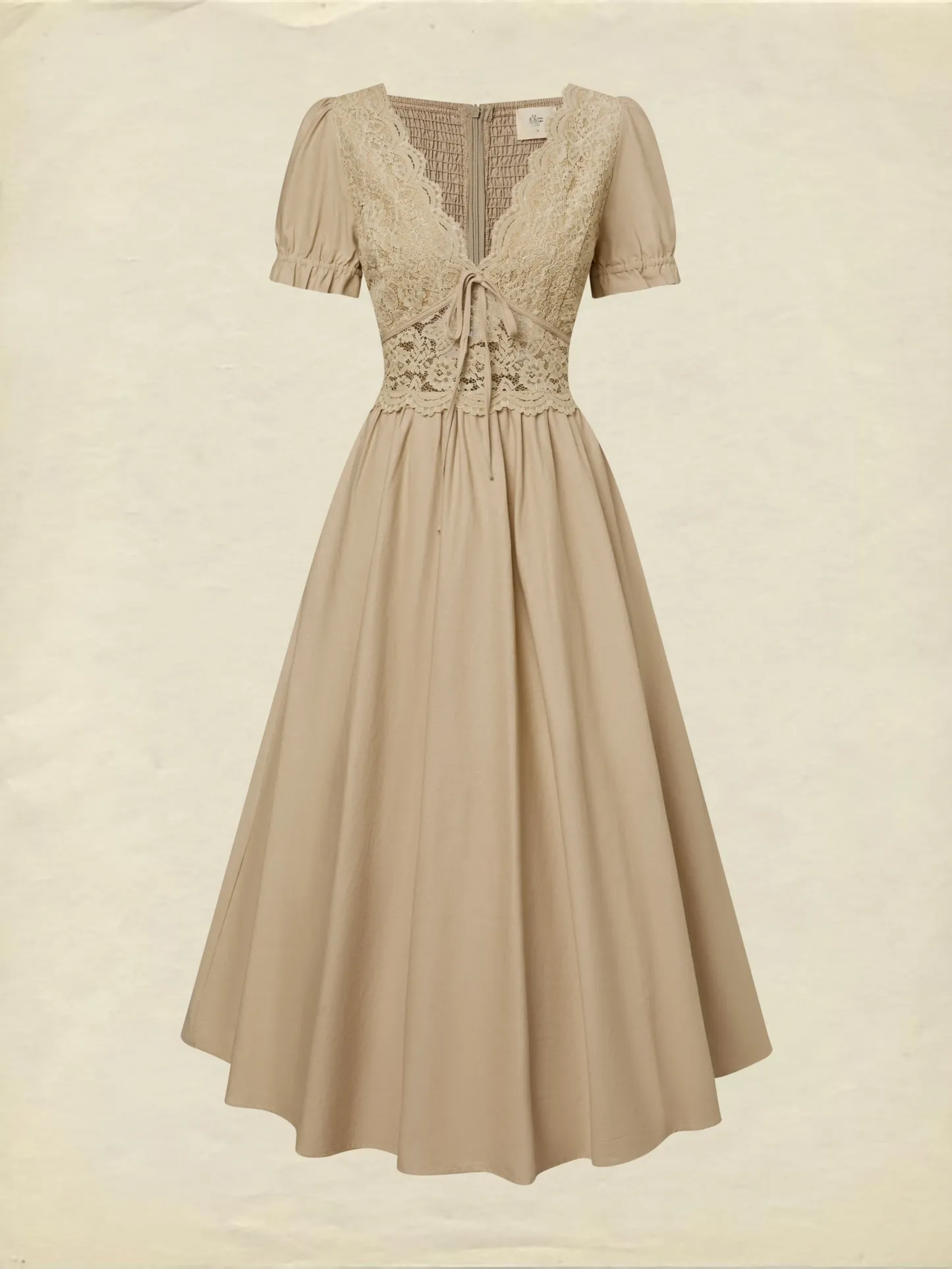 Maxi Cotton Dress, Short Sleeves, V Neck, Plain, Lace, French Vintage, Brown - Brown