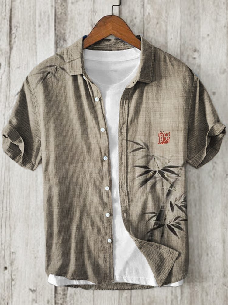 Simple Bamboo Japanese Art Linen Blend Shirt - Blue