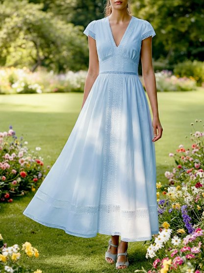 Maxi Cotton Dress, Short Sleeves, Plain, Lace, Vintage, White - Light Blue