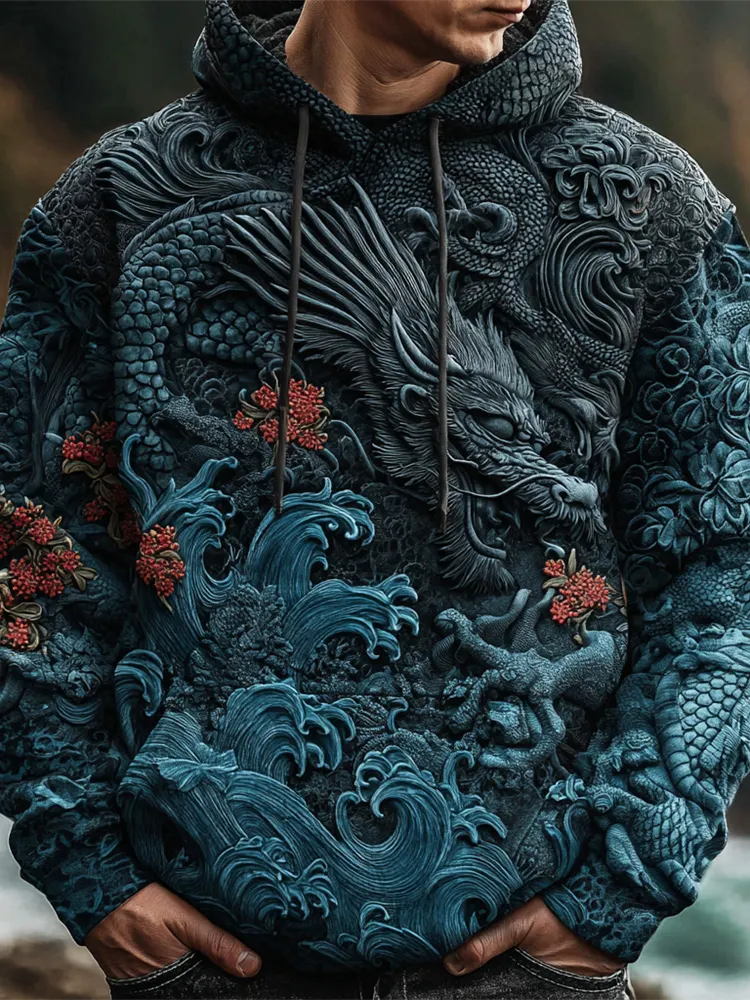 Japanese Wave & Dragon Embossed Art Men's Hooded Sweatshirt - Blue