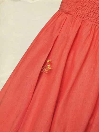 Maxi Cotton Dress, Half Sleeve, V Neck, Plain, Lace, Vacation, Vintage, Light Orange - Light Orange