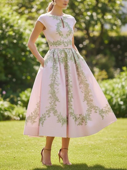 Midi Linen Dress, Cap Sleeves, Round Neck, Floral, Pocket Design, Vintage, Pink - Pink