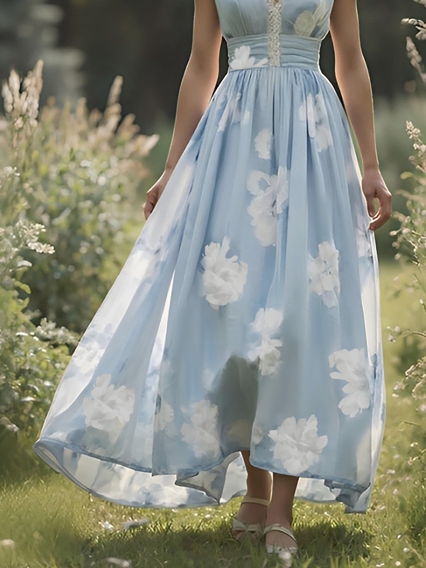 (SIZE:XS-XXL)Linen Maxi Dress, Sleeveless, V neck, Floral, Vintage, Light Blue - Light Blue