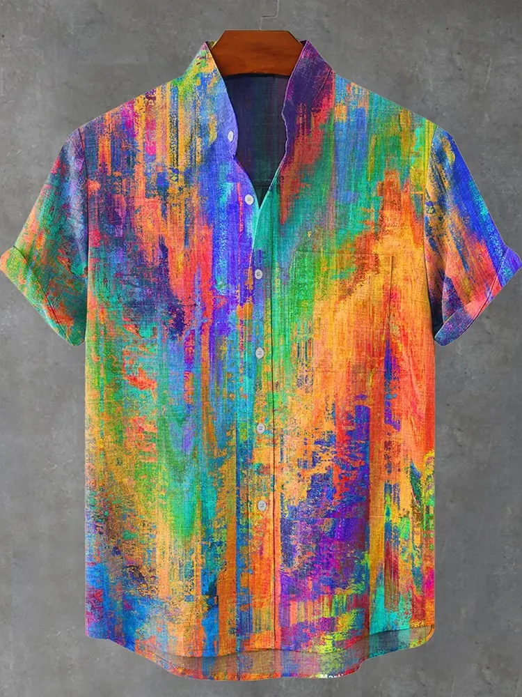 Vintage Rainbow Mottled Art Cat Print Casual Cotton Shirt - Muticolor