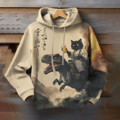 Men's Black Cat Samurai Dinosaur Sea Wave Art Print Casual Hoodie - Khaki