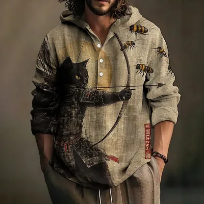 Men's Black Cat Tribal Warrior Japanese Kyudo Hooded Shirt - Khaki