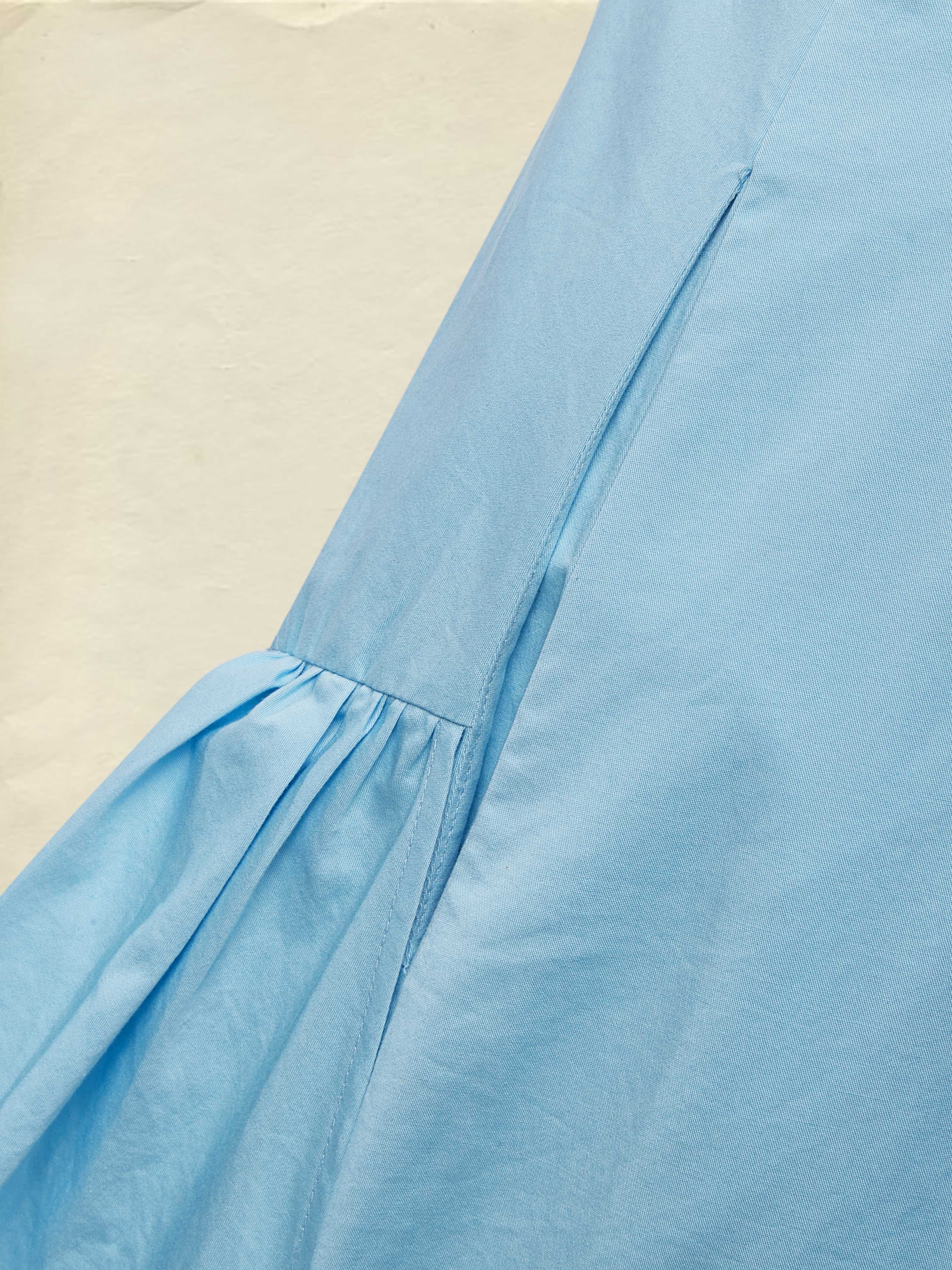 Maxi Cotton Dress , Sleeveless, Round Neck, Plain, Ruffles, French Vintage, Blue - Blue