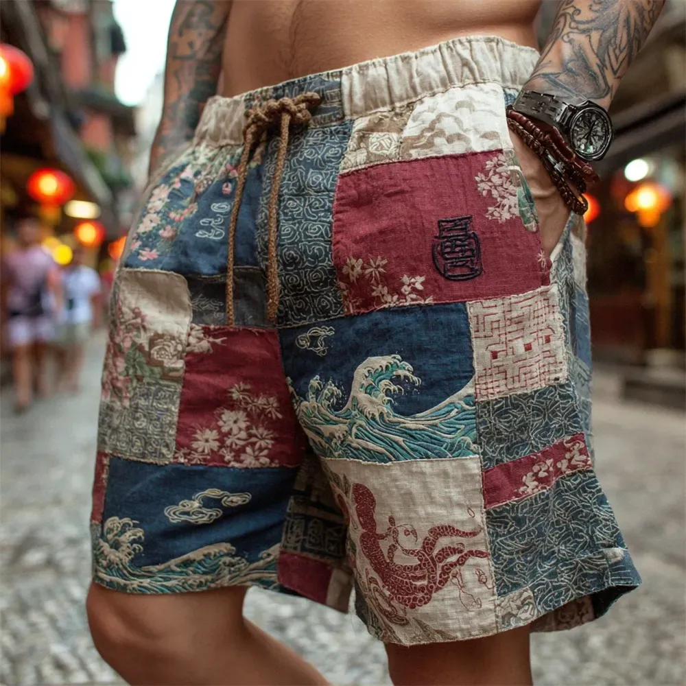 Vintage Japanese Wave Patchwork Embroidered Men's Linen Shorts - Blue