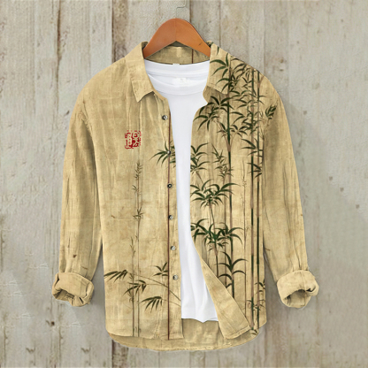 Bamboo Japanese Art Casual Linen Blend Shirt - Khaki