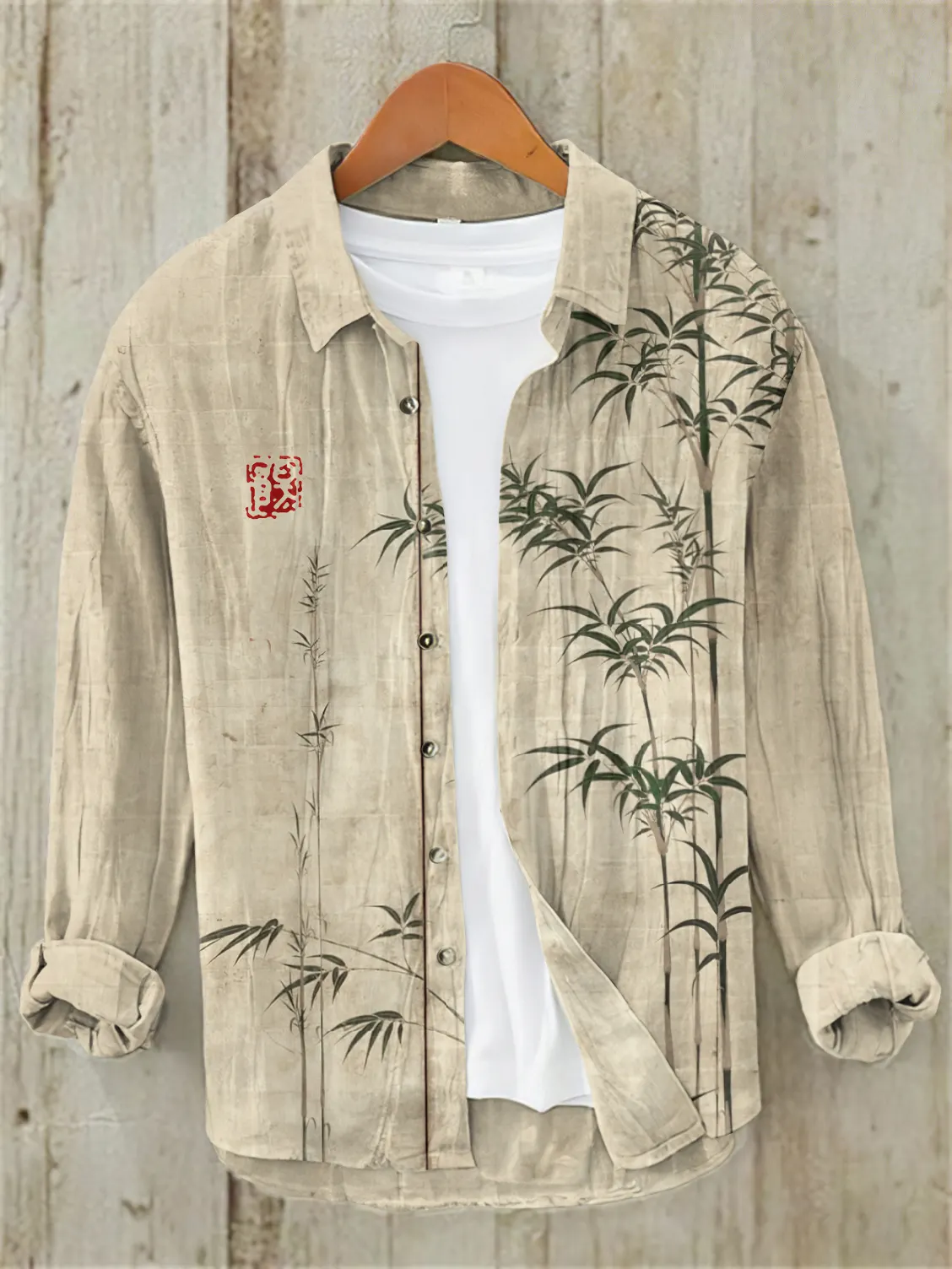 Bamboo Japanese Art Casual Linen Blend Shirt - Khaki