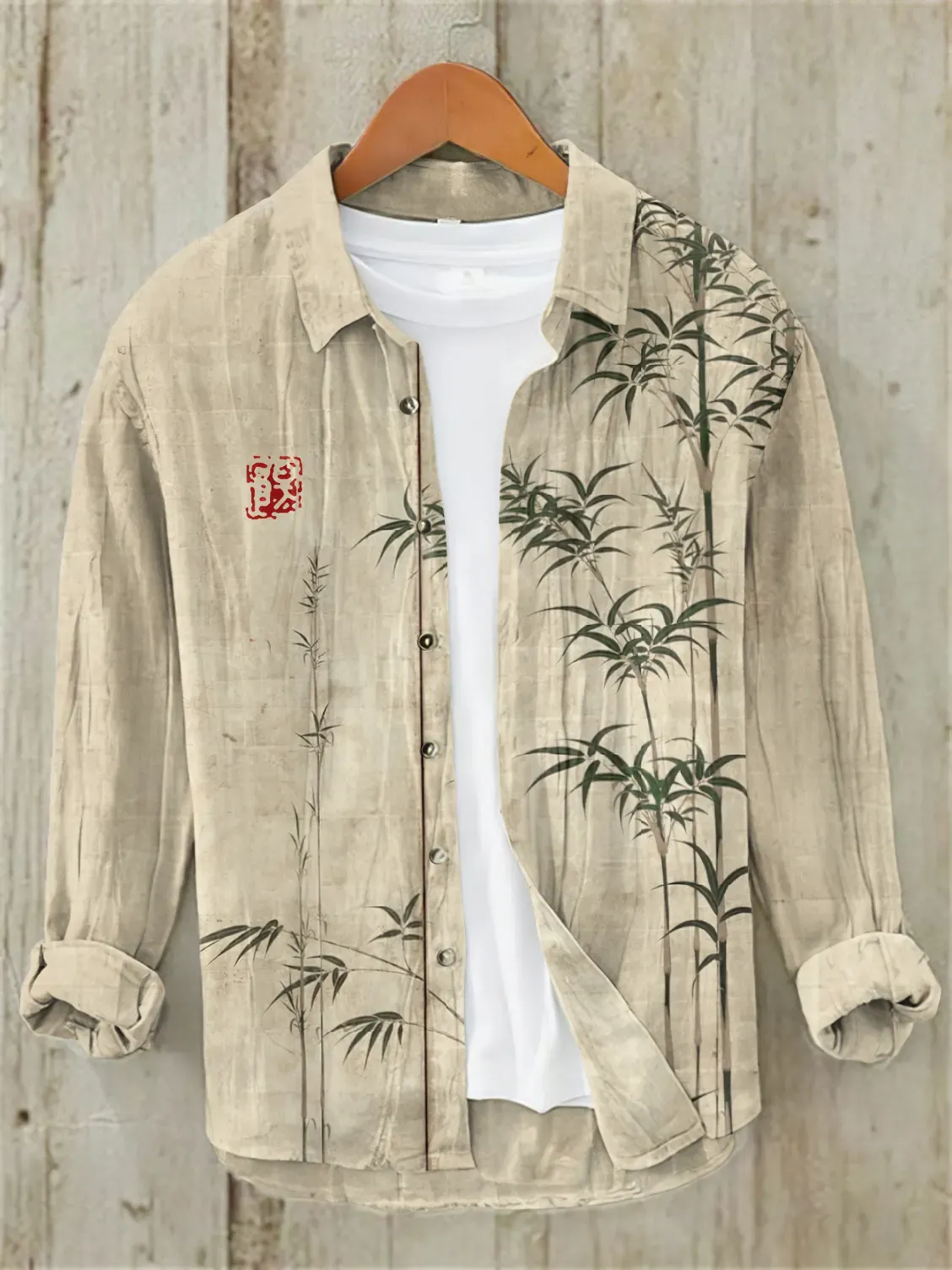 Bamboo Japanese Art Casual Linen Blend Shirt - Khaki