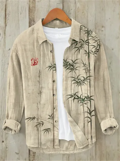 Bamboo Japanese Art Casual Linen Blend Shirt - Khaki