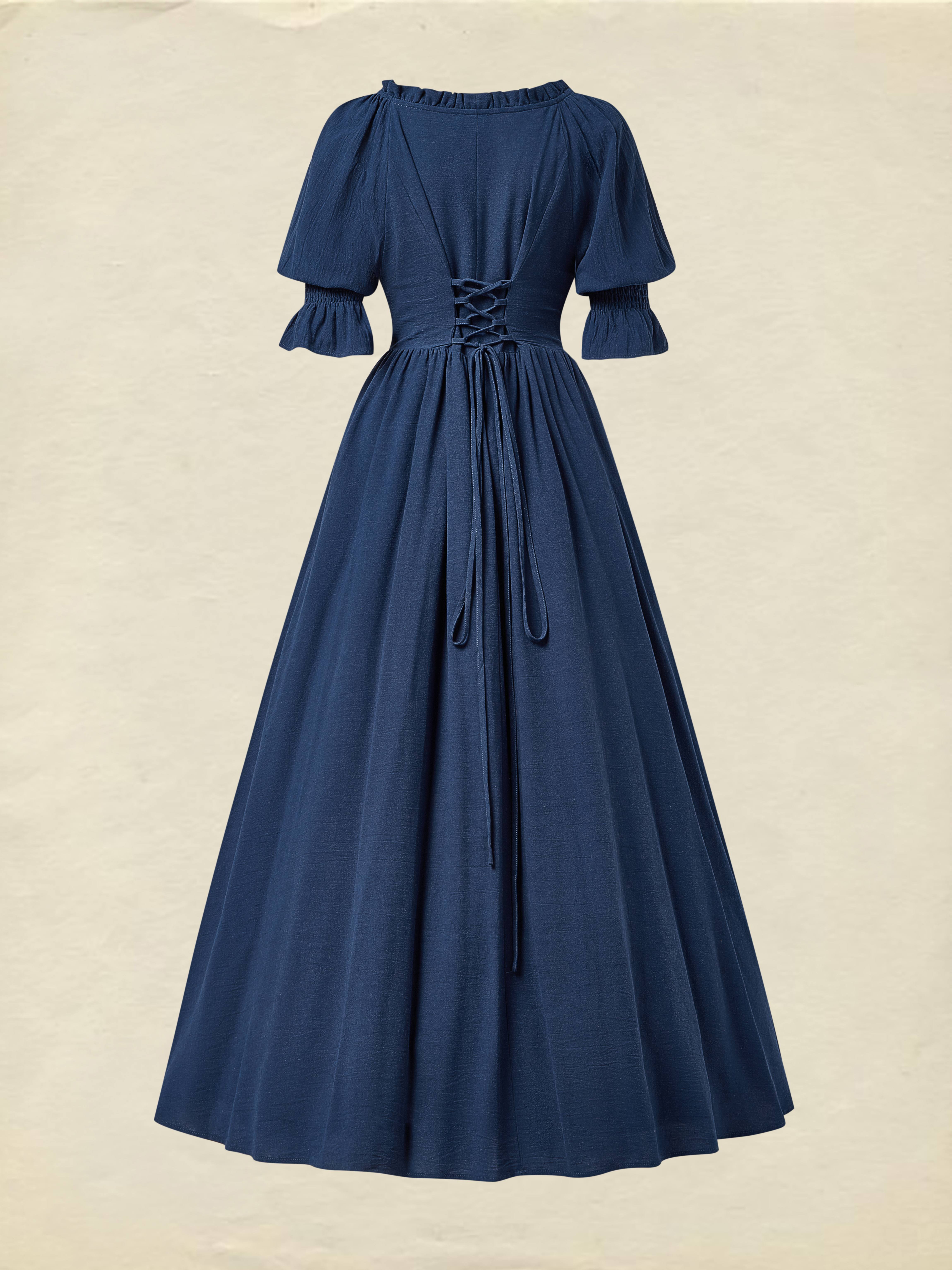 Linen Maxi Dress, Crew Neck, Half Sleeves, Belt, Victorian Style, Princess Dress, Blue - Blue