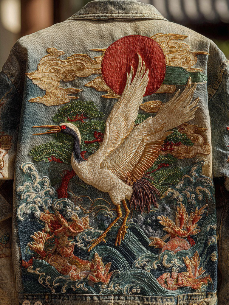 Men's Vintage Japanese Crane And Wave Embroidered Denim Jacket - Blue