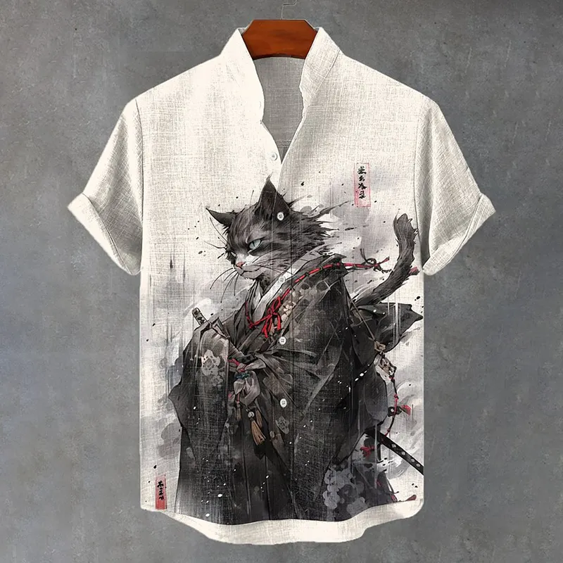 Japan Cat Kimono Samurai Ink Art Linen Blend Cozy Shirt - Beige