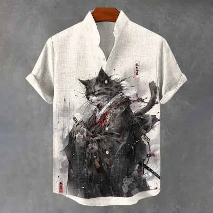Japan Cat Kimono Samurai Ink Art Linen Blend Cozy Shirt - Beige