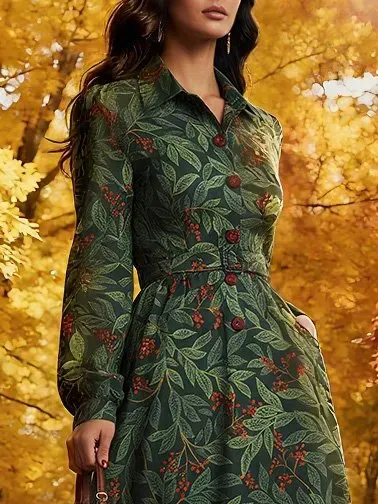 Maxi Linen Dress, Long Sleeves, Shawl Collar, Floral, Button Design, Vintage, Green - Green